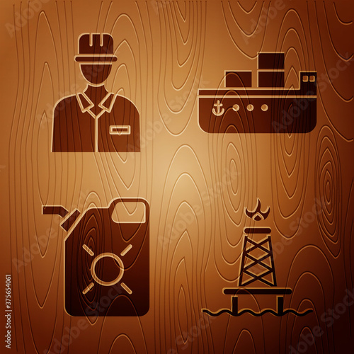 Set Oil rig with fire, Oilman, Canister for motor oil and Oil tanker ship on wooden background. Vector.
