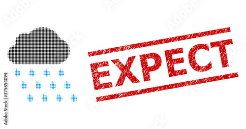 Rain cloud halftone dotted vector and Expect dirty stamp print. Stamp seal includes Expect caption between parallel lines. Rain cloud vector is done with halftone pattern which contains circle dots.
