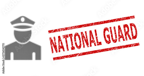 Policeman halftone dotted vector and National Guard textured stamp print. Stamp seal includes National Guard tag between parallel lines.