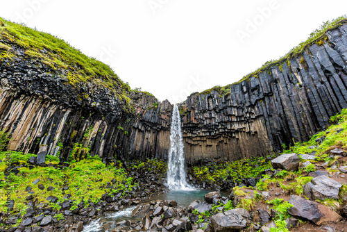 Svartifoss waterfall stream river wide angle view on trail in Skaftafell national park in Iceland view water falling off cliff in green summer landscape