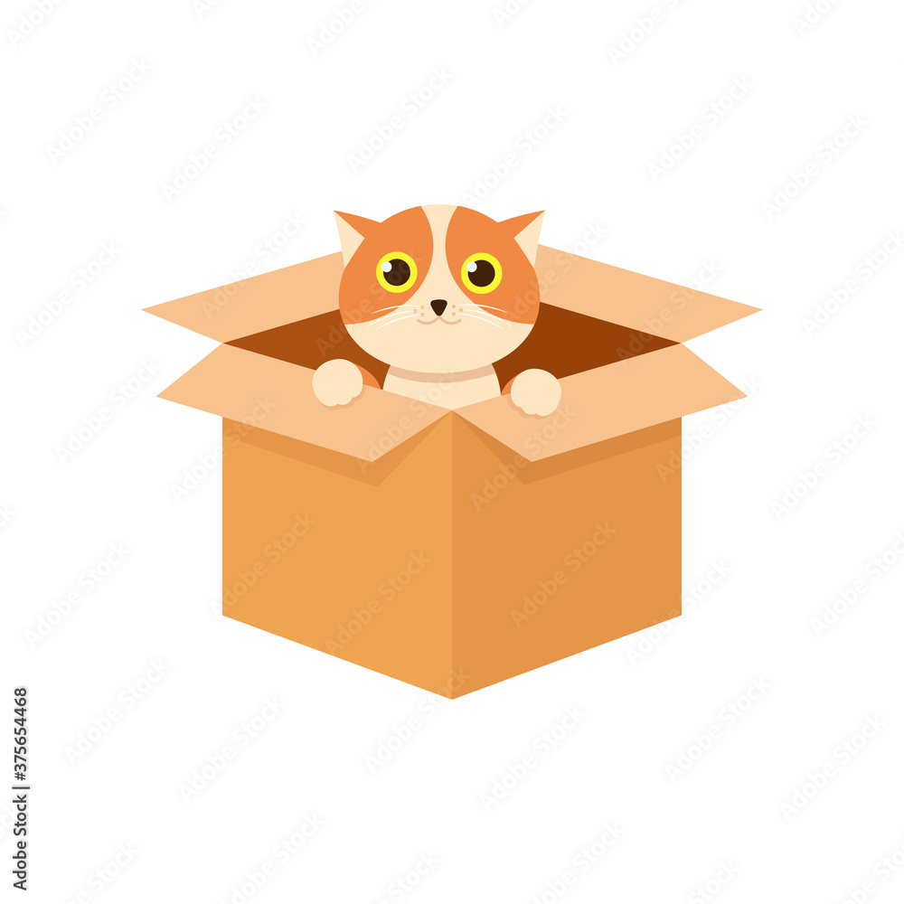 Cute kitten sitting in a cardboard box. Concept anumal gift. Cartoon vector illustration.