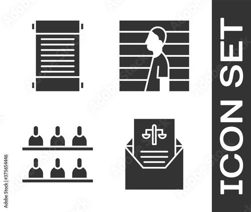 Set Subpoena, Decree, paper, parchment, scroll, Jurors and Suspect criminal icon Vector illustration