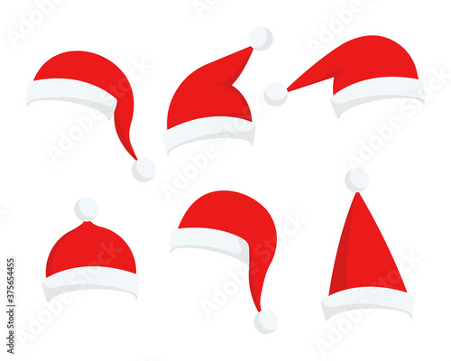 Collection of Christmas Santa Claus red hats, isolated vector set. Cartoon style. Vector illustration.