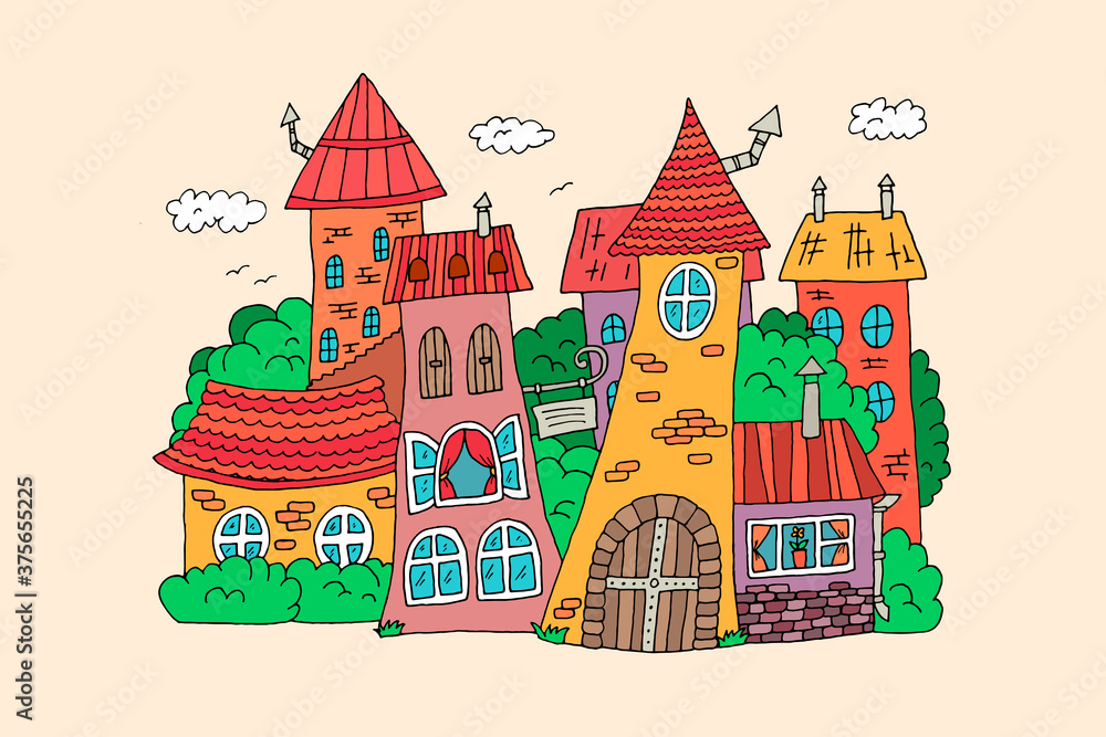 A fabulous city with different houses. Colorful towers, buildings. Doodle vector illustration, hand drawn.