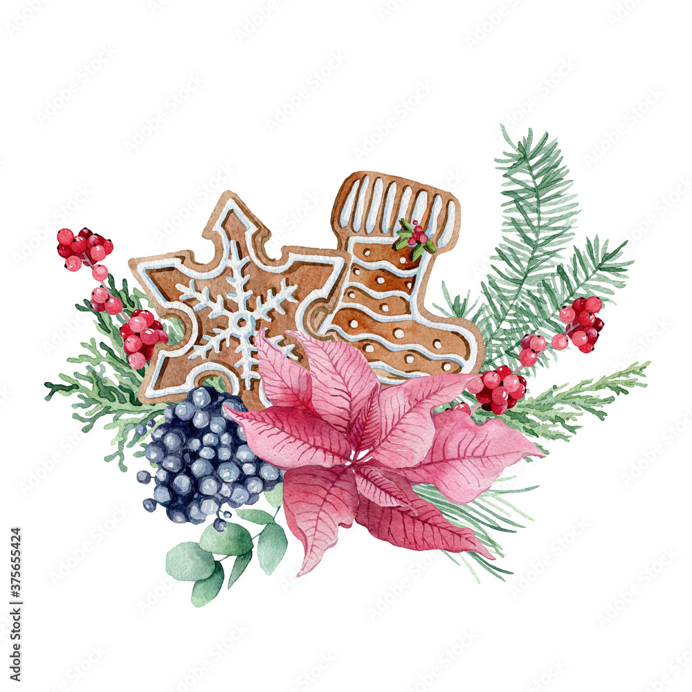 watercolor illustration, christmas composition with spruce, pine, eucalyptus branches, berries, cotton, Christmas gingerbread and succulent