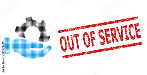 Service halftone dotted vector and Out of Service corroded stamp imitation. Stamp includes Out of Service text between parallel lines.