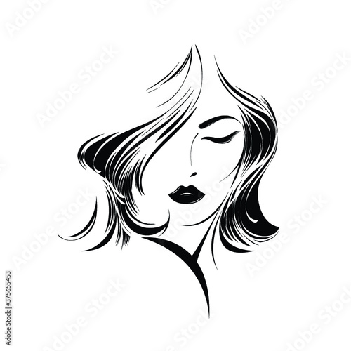 Beautiful woman with long, wavy hairstyle and elegant makeup.Beauty and hair salon illustration.Cosmetics, hairdresser and spa icon.Young lady portrait.Cute girl face.Front view.