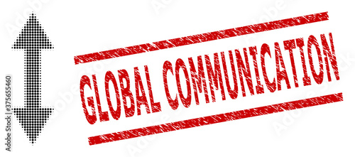 Vertical flip halftone dotted vector and Global Communication rubber stamp. Stamp seal includes Global Communication title between parallel lines.