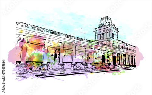 Building view with landmark of Asuncion is the capital city of Paraguay, bordered by the Paraguay River. Watercolor splash with hand drawn sketch illustration in vector.