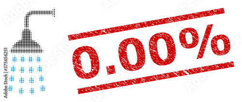 Shower halftone dotted vector and 0.00% dirty stamp seal. Stamp includes 0.00% text between parallel lines. Shower vector is constructed from halftone pattern which contains circle dots.