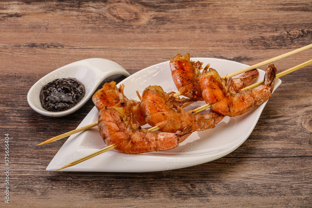 Grilled prawn skewer with pepper sauce Grilled prawn skewer with pepper sauce