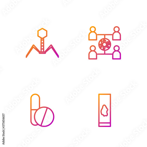 Set line Blood test and virus, Medicine pill or tablet, Bacteria bacteriophage and Virus spread. Gradient color icons. Vector.