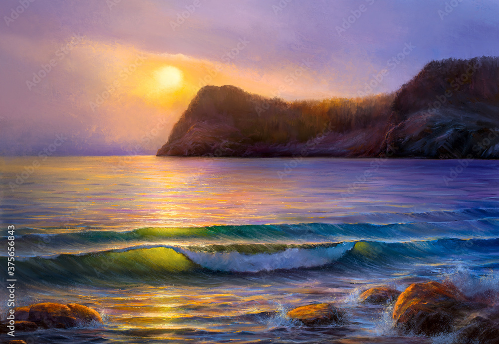 Sea wave on the beach at sunset time, sun rays, painting .