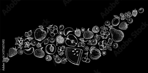 Berries and fruits sketch collection. Hand drawn vector illustration. Food illustration. Hand drawn berry and fruit set. Engraved style.