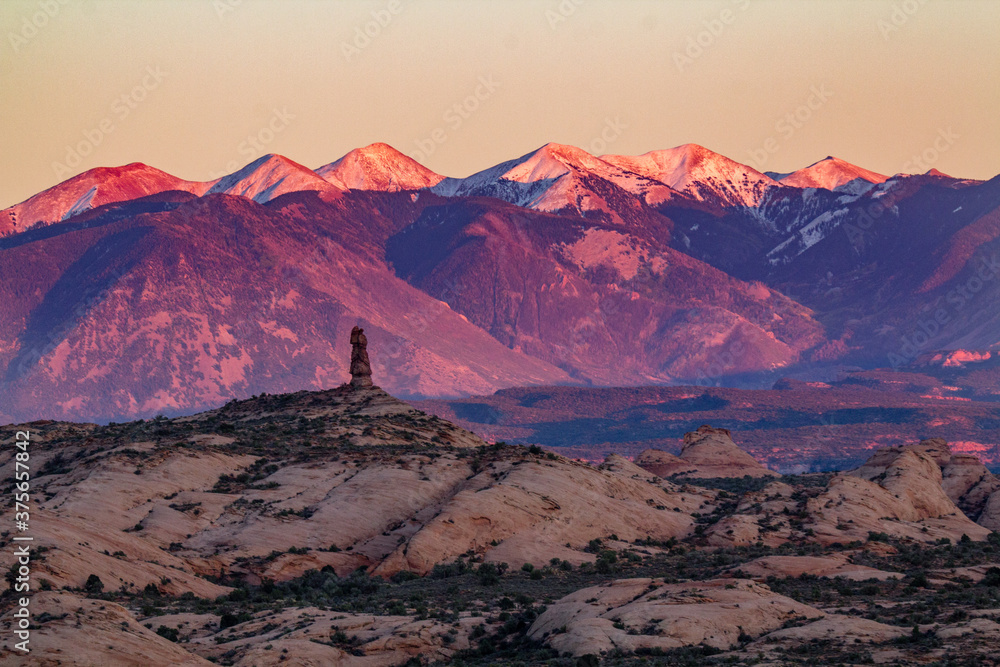 Pink and blue mountains at sunset, Arches National Park