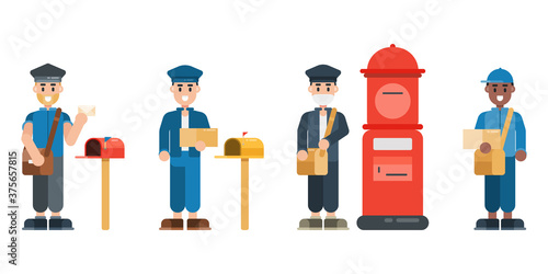 Set of postman characters. Postman wearing uniform with mailbox. Delivery service concept in flat design style. Vector illustration.
