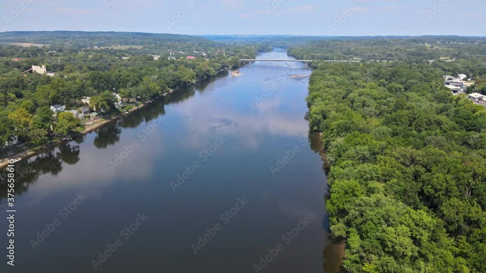 Overhead of Delaware river landscape, view near small town historic New Hope Pennsylvania American town of Lambertville New Jersey USA Overhead of Delaware river landscape, view near small town historic New Hope Pennsylvania American town of Lambertville New Jersey USA