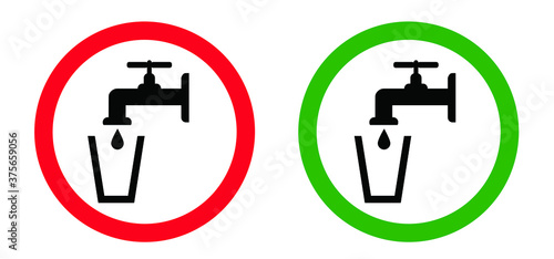 Stop, do not drink this water, faucet symbol. Not drinking bacteria water icons. Contaminated water. Flat vector legionella signs. Legionellosis. Don`t drink water tap sign Suitable drinkable water.