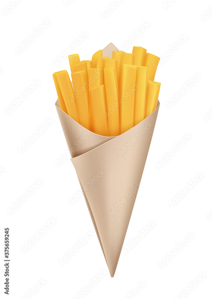 Fried French fries in cone paper cone bag, snack packaging, craft paper for  street food. Vector icon. Stock Vector