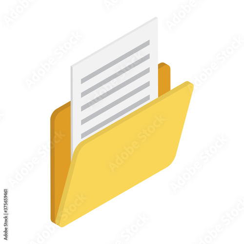 Yellow folder with documents in isometric style. Vector illustration isolated on white background