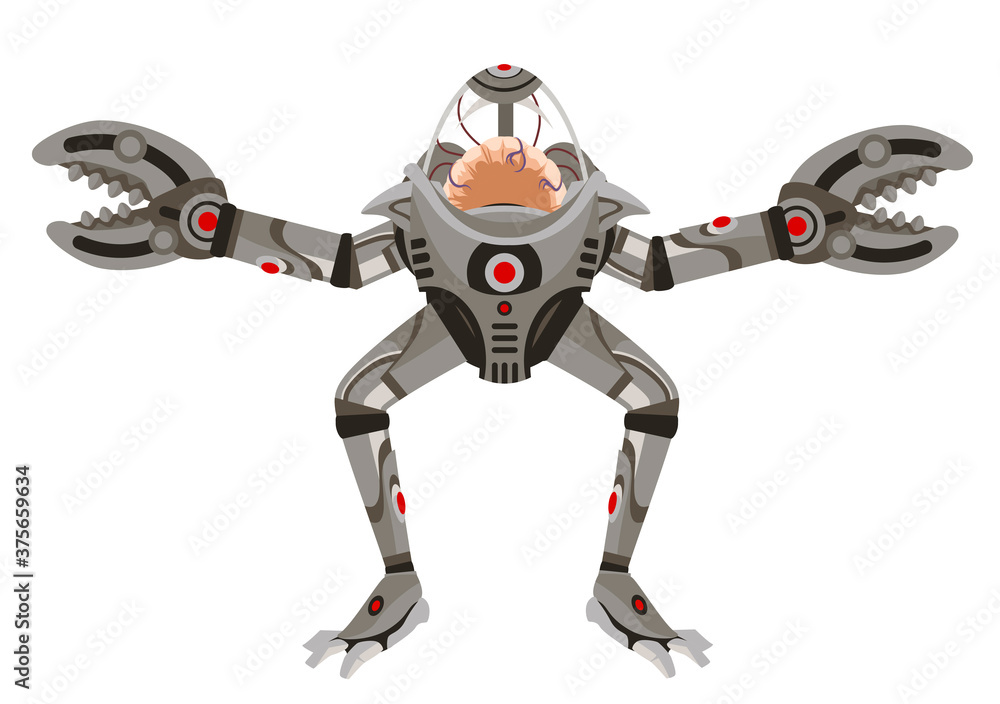 strong cyborg robot warrior with pincers and a brain inside strong cyborg robot warrior with pincers and a brain inside