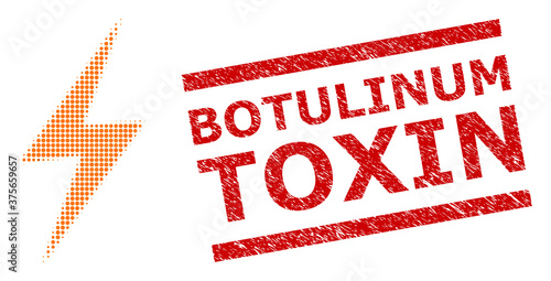 Electric spark halftone dotted vector and Botulinum Toxin unclean stamp imitation. Stamp seal includes Botulinum Toxin title between parallel lines.