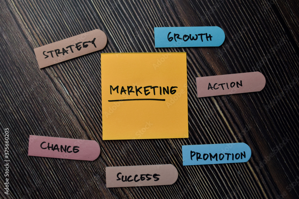 custom made wallpaper toronto digitalMarketing write on a sticky note. Supported by an additional services isolated wooden table.