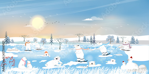 Billede på lærred Winter landscape at arctic ocean with white polar bear family playing ice skates and lying on ice edge with snowing