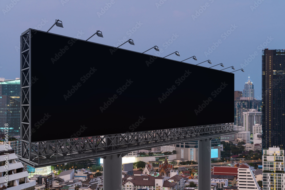 Blank black road billboard with Bangkok cityscape background at sunset. Street advertising poster, mock up, 3D rendering. Side view. The concept of marketing communication to promote or sell idea. Blank black road billboard with Bangkok cityscape background at sunset. Street advertising poster, mock up, 3D rendering. Side view. The concept of marketing communication to promote or sell idea.