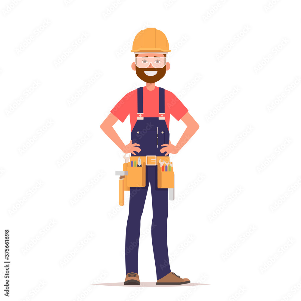 A man in a construction helmet and work clothes with tools. Handyman. Vector illustration A man in a construction helmet and work clothes with tools. Handyman. Vector illustration