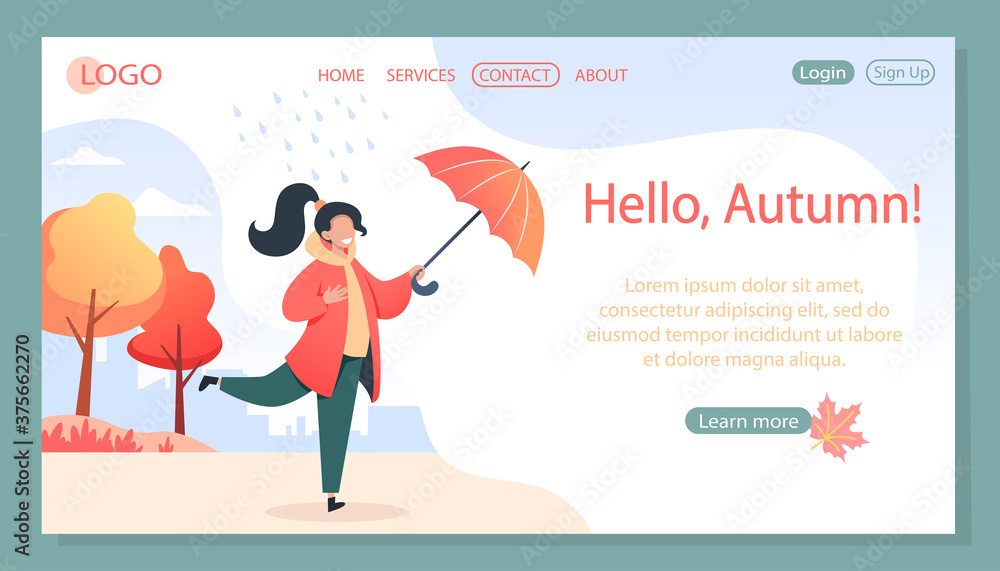 Happy young woman with umbrella walks in the park in the rain, autumn landscape, vector illustration for the site, web page design