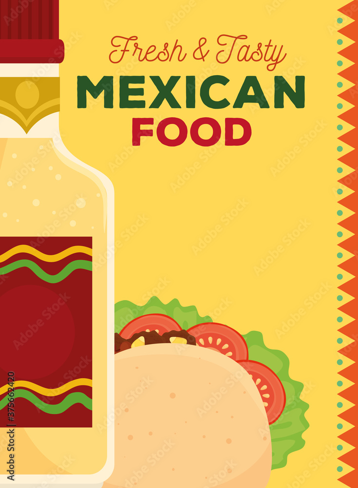 mexican food poster with taco and bottle tequila vector illustration design mexican food poster with taco and bottle tequila vector illustration design
