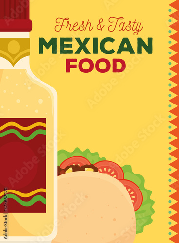 mexican food poster with taco and bottle tequila vector illustration design