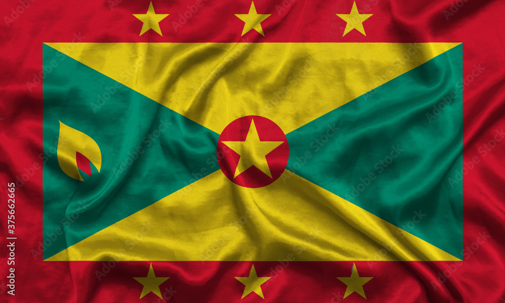 Grenada national flag background with fabric texture. Flag of Grenada waving in the wind. 3D illustration