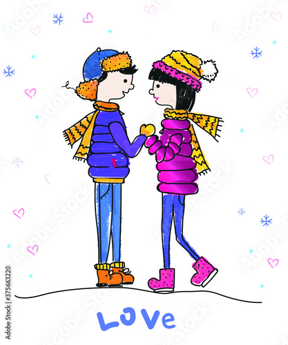 
illustration lovers winter boyfriend girl happiness love kiss