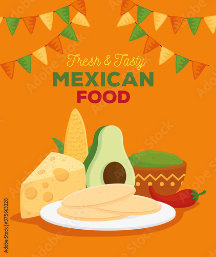 mexican food fresh and tasty poster with ingredients for prepare tacos vector illustration design