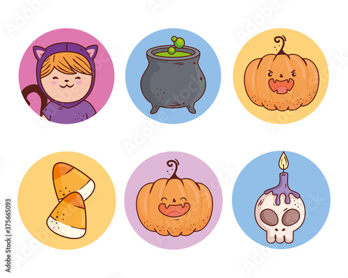 set icons of happy halloween on round frame vector illustration design