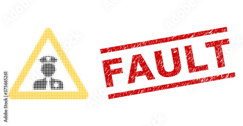 Policeman warning halftone dotted vector and Fault corroded stamp print. Stamp seal includes Fault text between parallel lines.