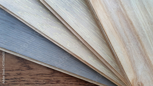 engineer or laminate or veneer wooden flooring click-lock type samples palette contains oak ,maple and ash wood color and pattern.