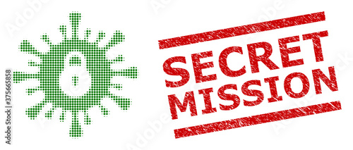 Infection lockdown halftone dotted vector and Secret Mission unclean stamp imitation. Stamp includes Secret Mission tag between parallel lines.