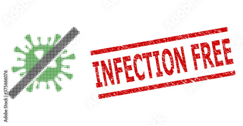 No SARS virus halftone dotted pictogram and Infection Free corroded stamp seal. Stamp seal includes Infection Free caption between parallel lines.