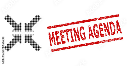 Pressure arrows halftone dotted vector and Meeting Agenda corroded stamp. Stamp includes Meeting Agenda tag between parallel lines.