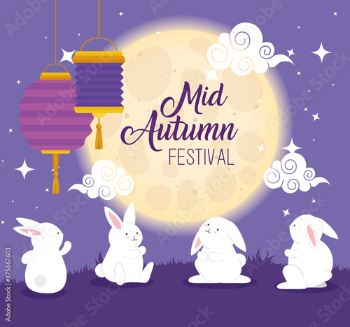chinese mid autumn festival and rabbits, clouds, moon and lanterns hanging vector illustration design
