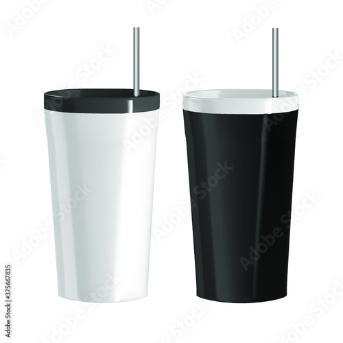 Vector isolated realistic image of thermal cups. Illustration of a white and black ceramic glass. Element for your design.