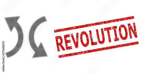 Exchange arrows halftone dotted vector and Revolution dirty stamp seal. Seal includes Revolution caption between parallel lines.