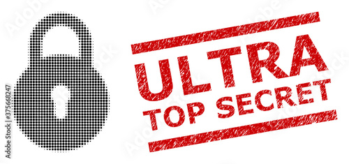 Locker halftone dotted vector and Ultra Top Secret scratched stamp. Stamp includes Ultra Top Secret caption between parallel lines.