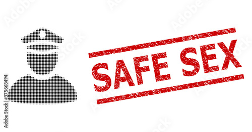 Police man halftone dotted vector and Safe Sex textured stamp seal. Stamp includes Safe Sex caption between parallel lines.