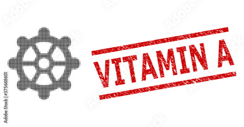 Gear halftone dotted vector and Vitamin A dirty stamp imitation. Stamp includes Vitamin A tag between parallel lines. Gear vector is created of halftone pattern which contains round dots.