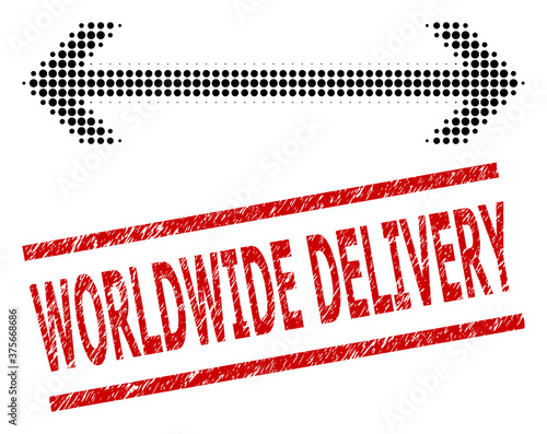 Horizontal flip halftone dotted vector and Worldwide Delivery textured stamp seal. Stamp seal includes Worldwide Delivery title between parallel lines.