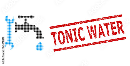 Plumbing halftone dotted pictogram and Tonic Water unclean stamp print. Stamp includes Tonic Water tag between parallel lines.